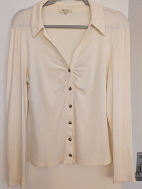 Madewell Cream Button-Front Collared Long Sleeve Top